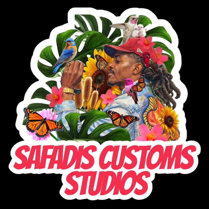 A digital creation reflecting a vibrant collage-style logo for Safadi's Customs Studios, blending flowers, birds, butterflies, and a self-portrait of me painting to create a bold, colorful brand mark.